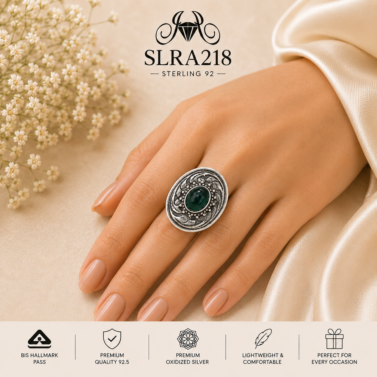 SLRA218 oxidized sterling silver ring worn on hand