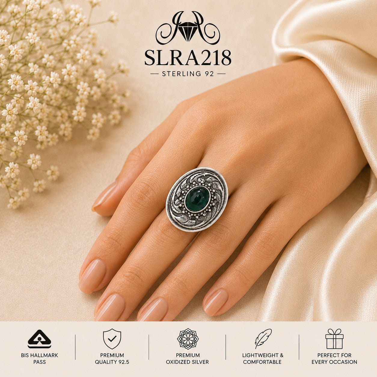 SLRA218 oxidized sterling silver ring worn on hand