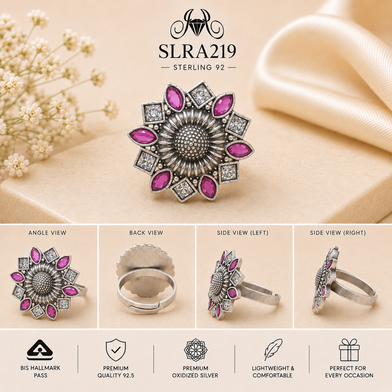 SLRA219 oxidized sterling silver ring multiple angle views