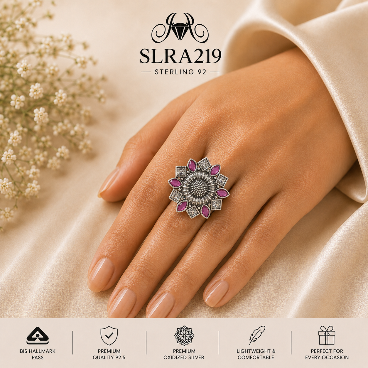 SLRA219 oxidized sterling silver ring worn on hand