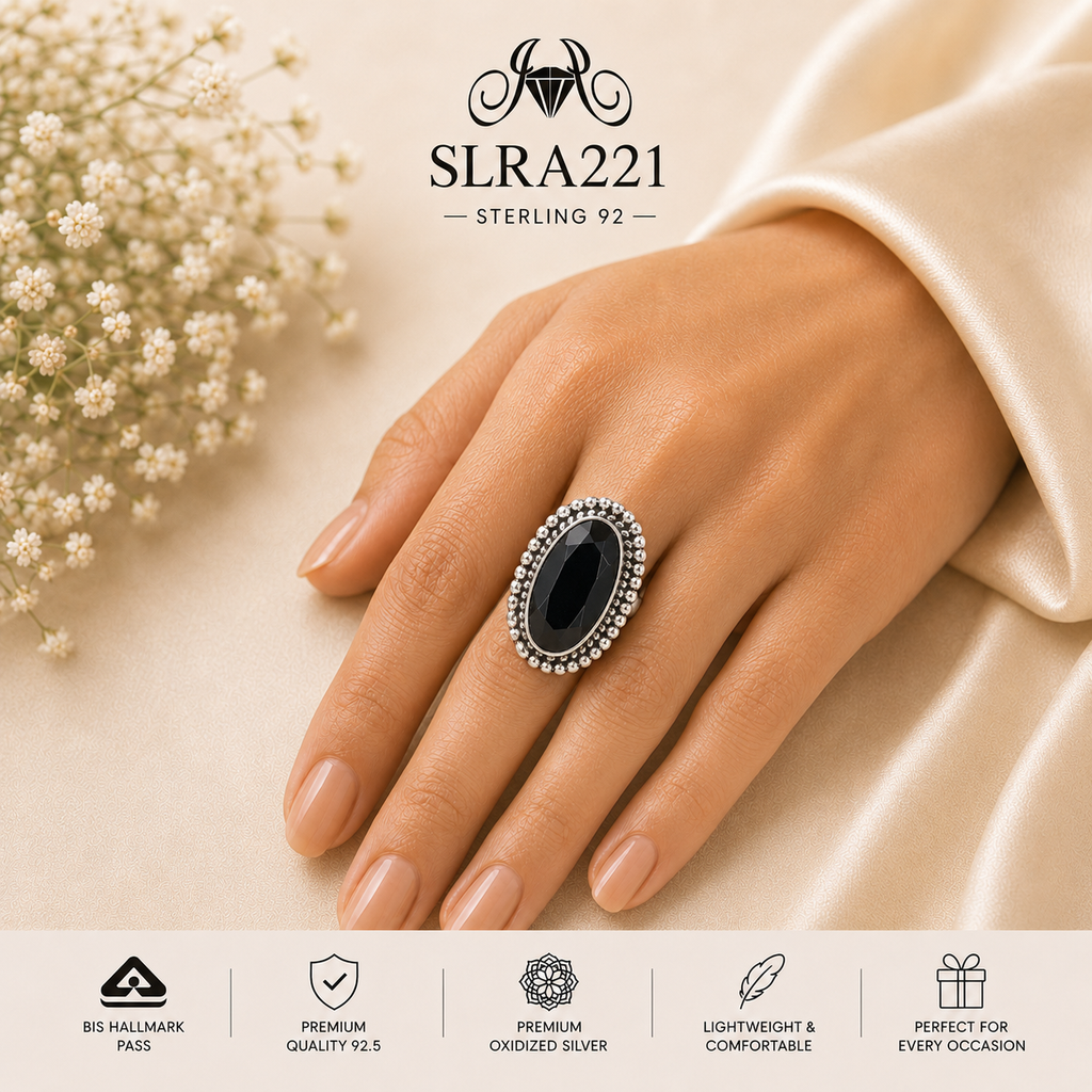 SLRA221 oxidized sterling silver ring worn on hand