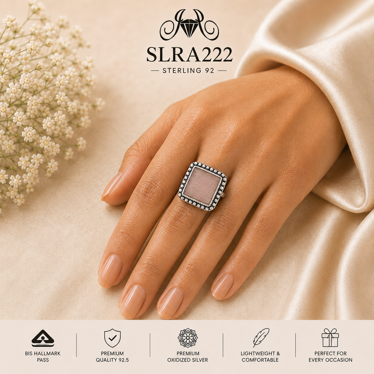 SLRA222 oxidized sterling silver ring worn on hand