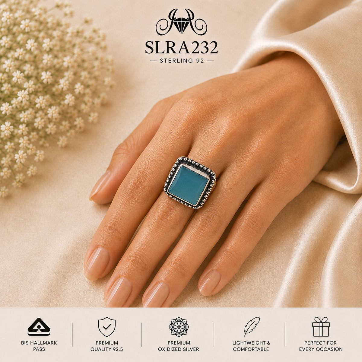 SLRA232 oxidized sterling silver ring worn on hand