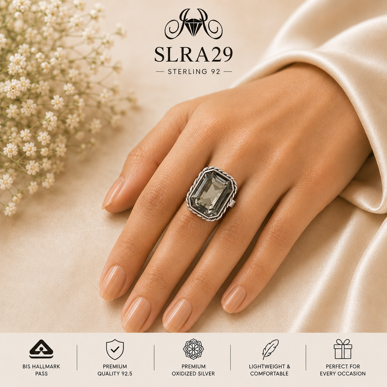 SLRA29 oxidized sterling silver ring worn on hand