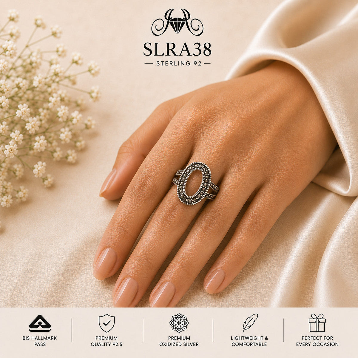SLRA38 oxidized sterling silver ring worn on hand