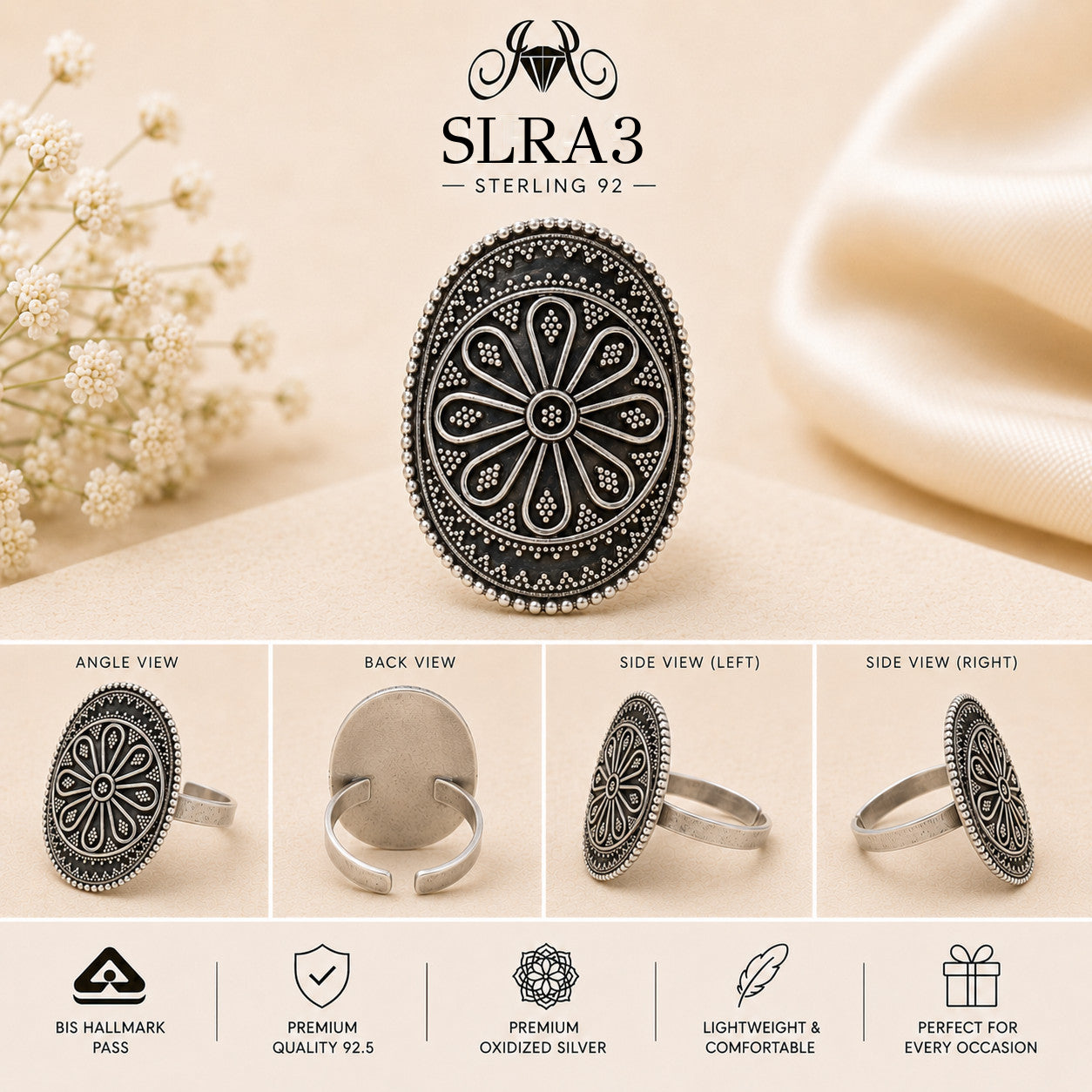 SLRA3 oxidized sterling silver ring multiple angle views