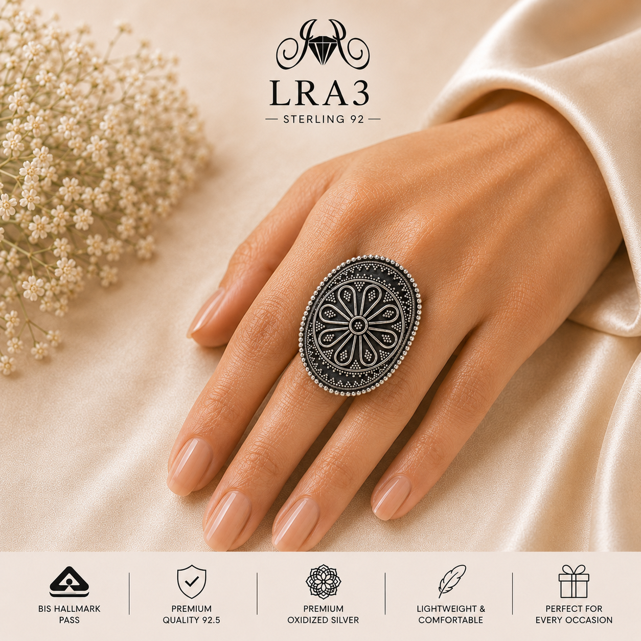 SLRA3 oxidized sterling silver ring worn on hand