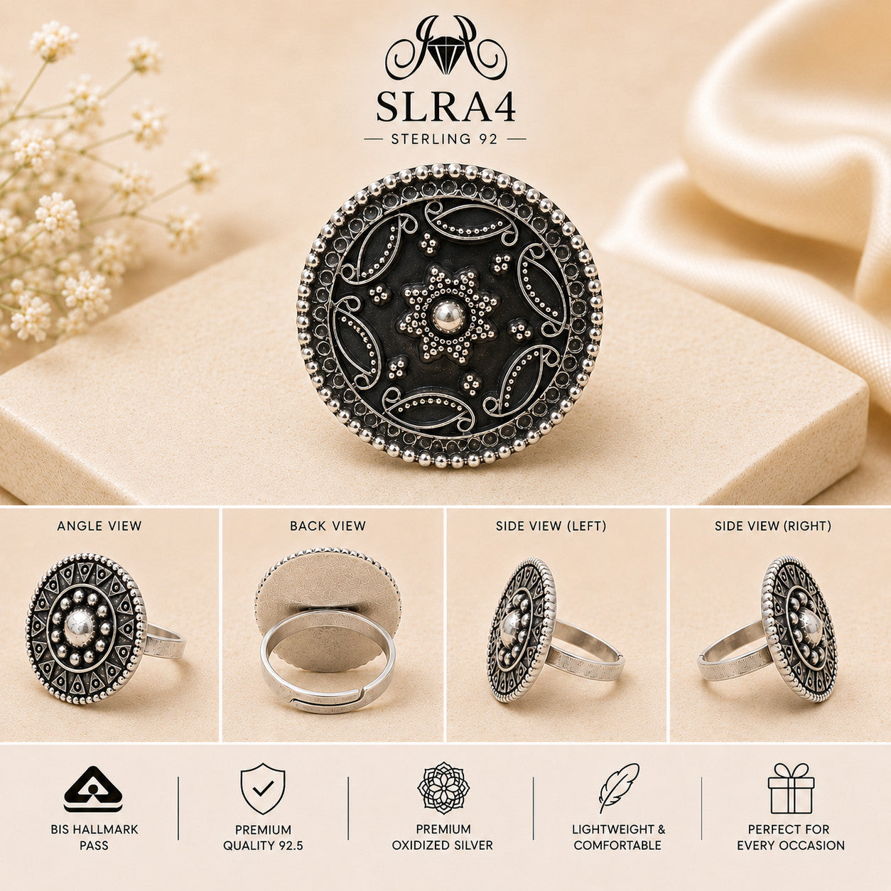 SLRA4 oxidized sterling silver ring multiple angle views