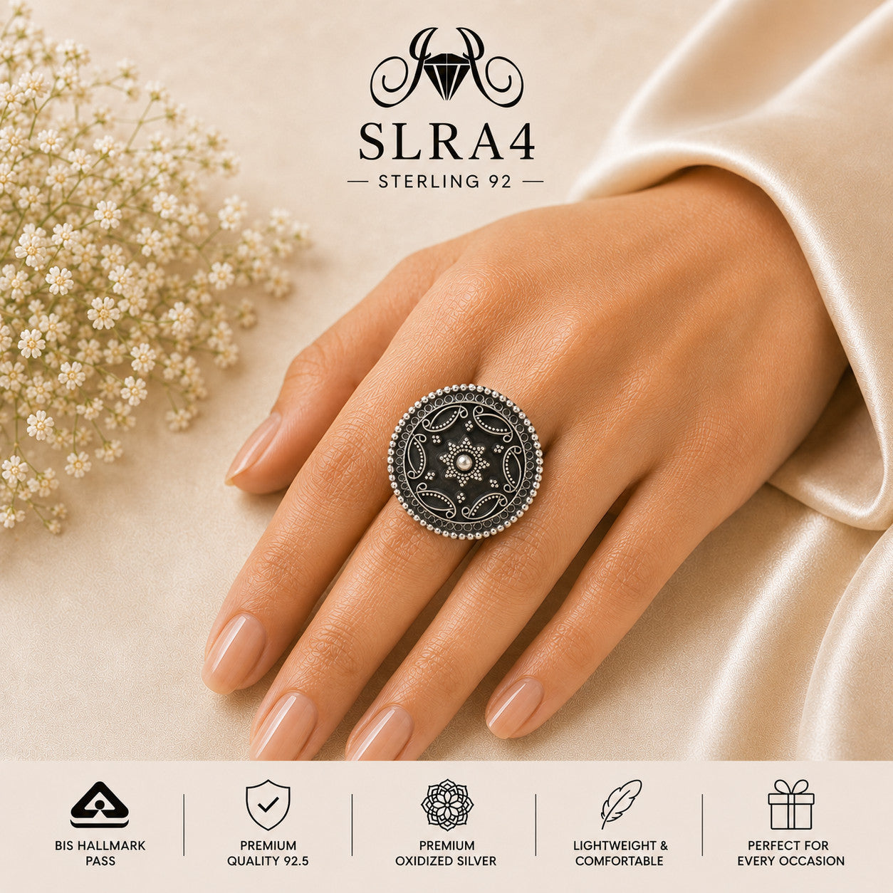 SLRA4 oxidized sterling silver ring worn on hand