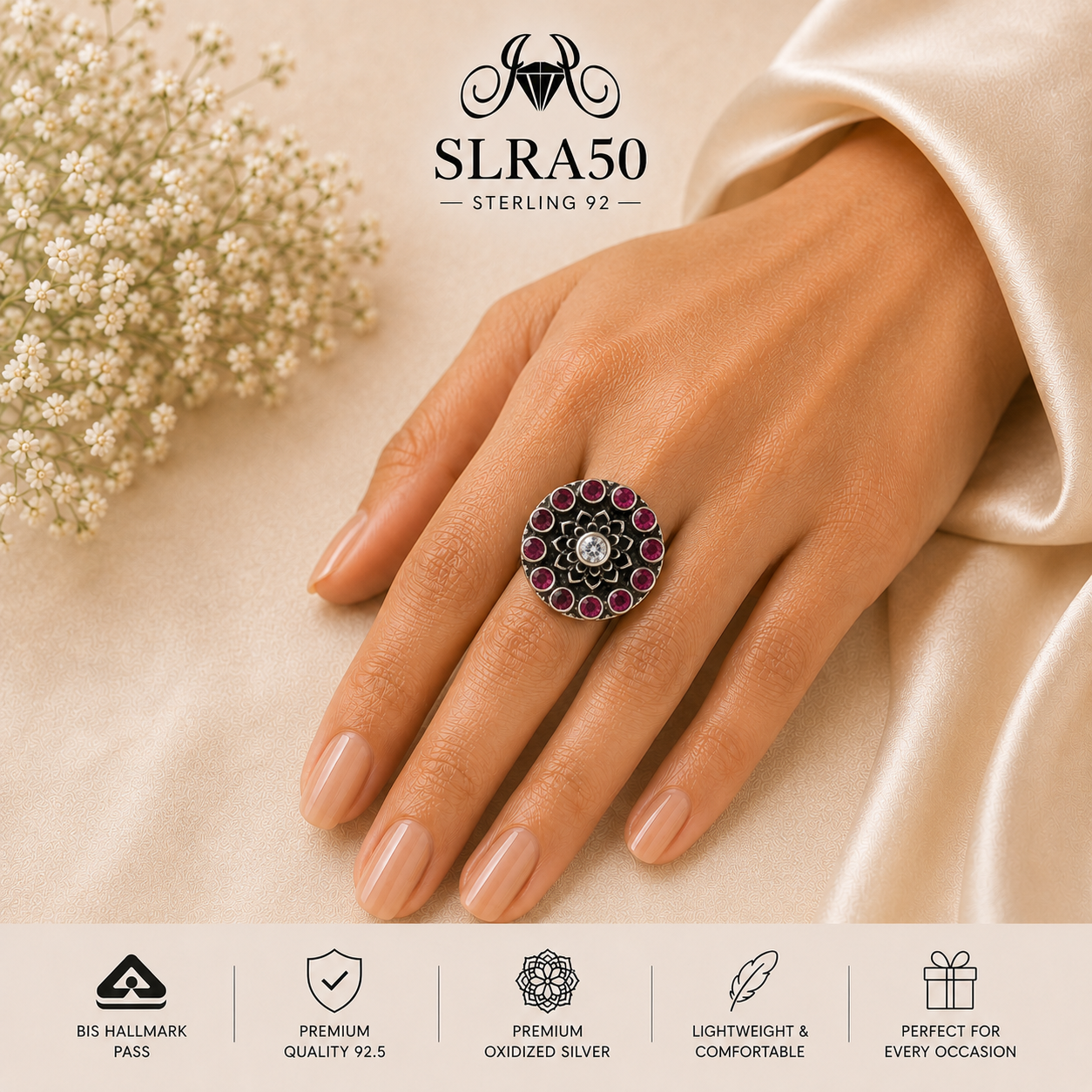 SLRA50 oxidized sterling silver ring worn on hand