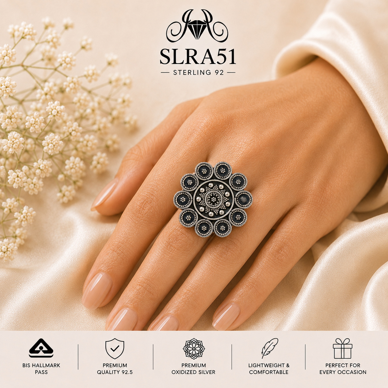 SLRA51 oxidized sterling silver ring worn on hand