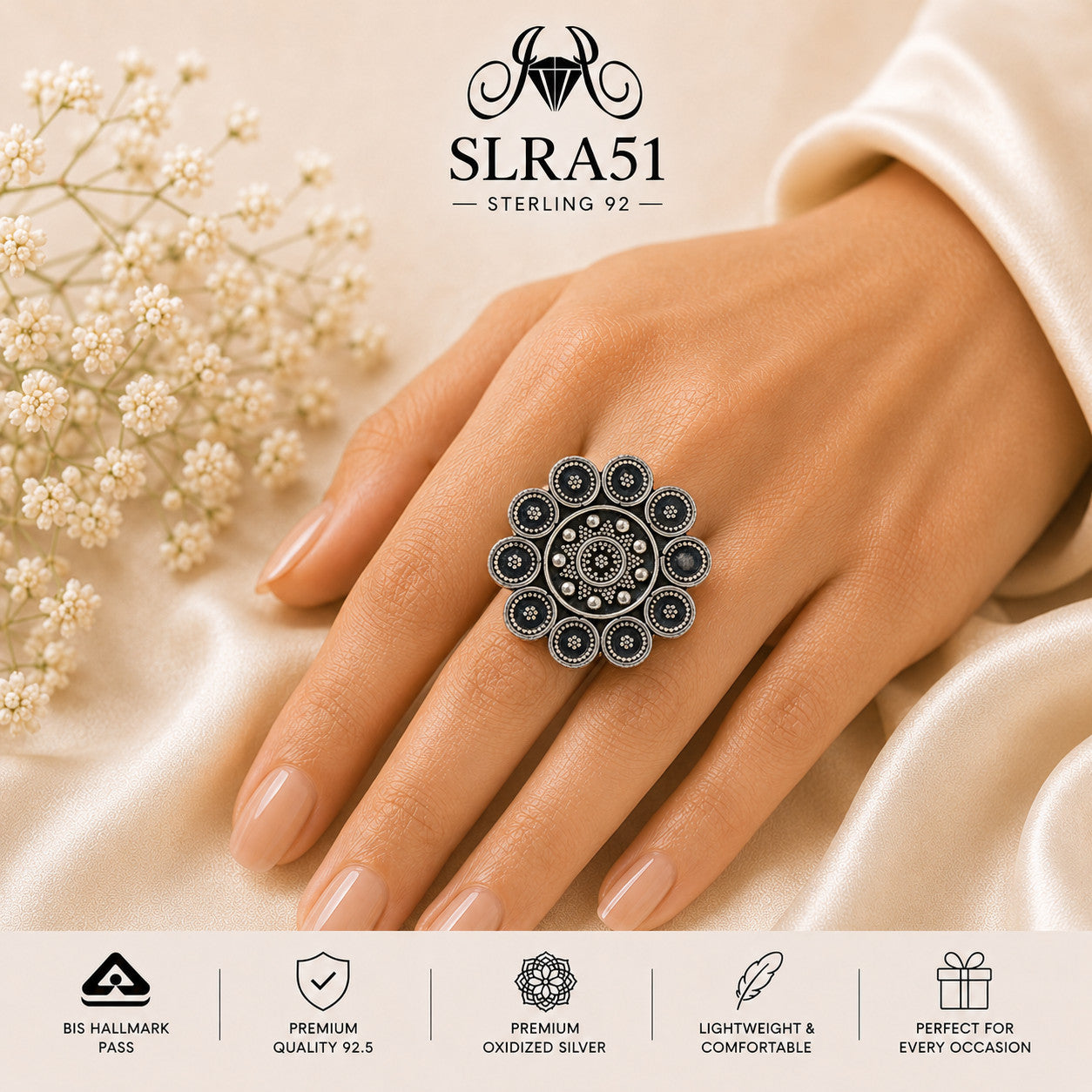 SLRA51 oxidized sterling silver ring worn on hand