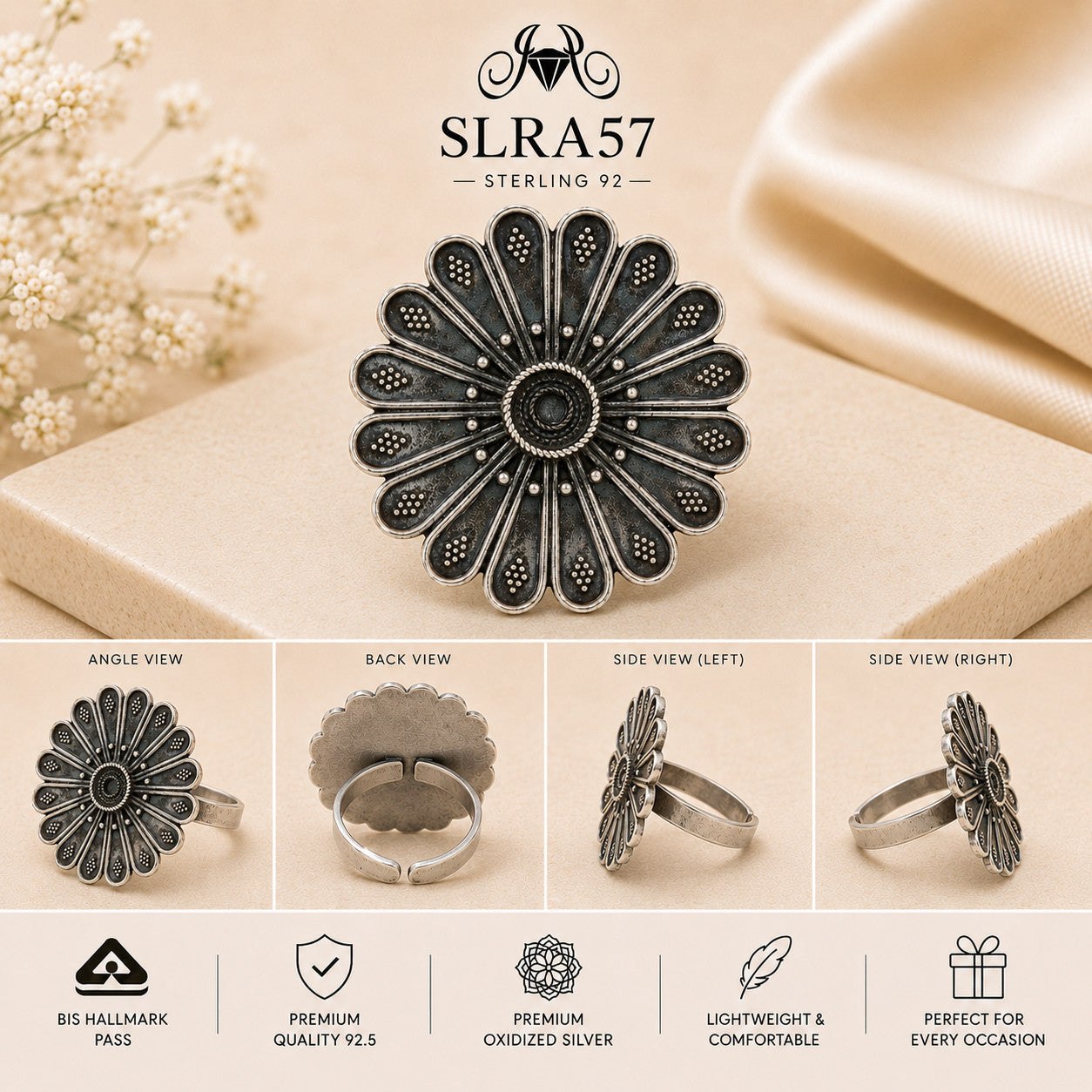 SLRA57 oxidized sterling silver ring multiple angle views