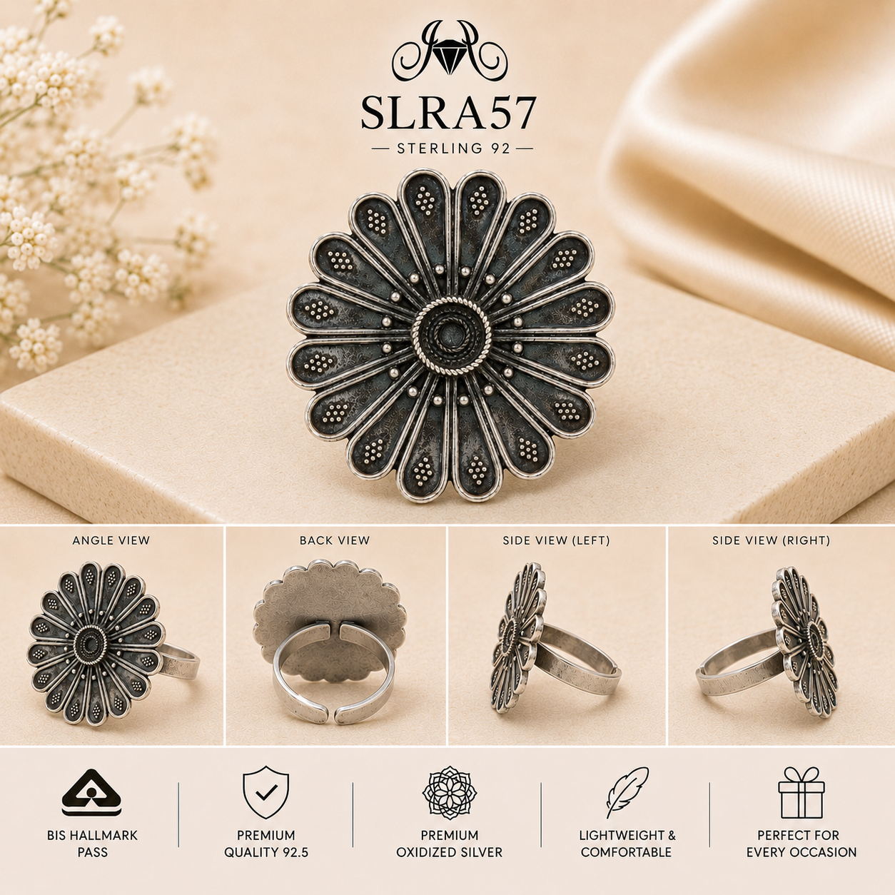 SLRA57 oxidized sterling silver ring multiple angle views