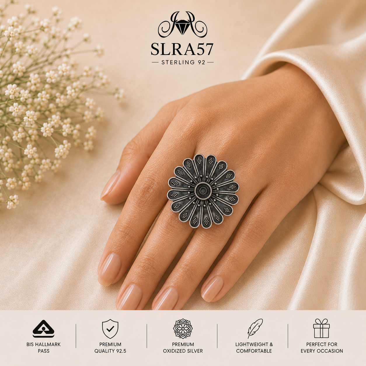 SLRA57 oxidized sterling silver ring worn on hand