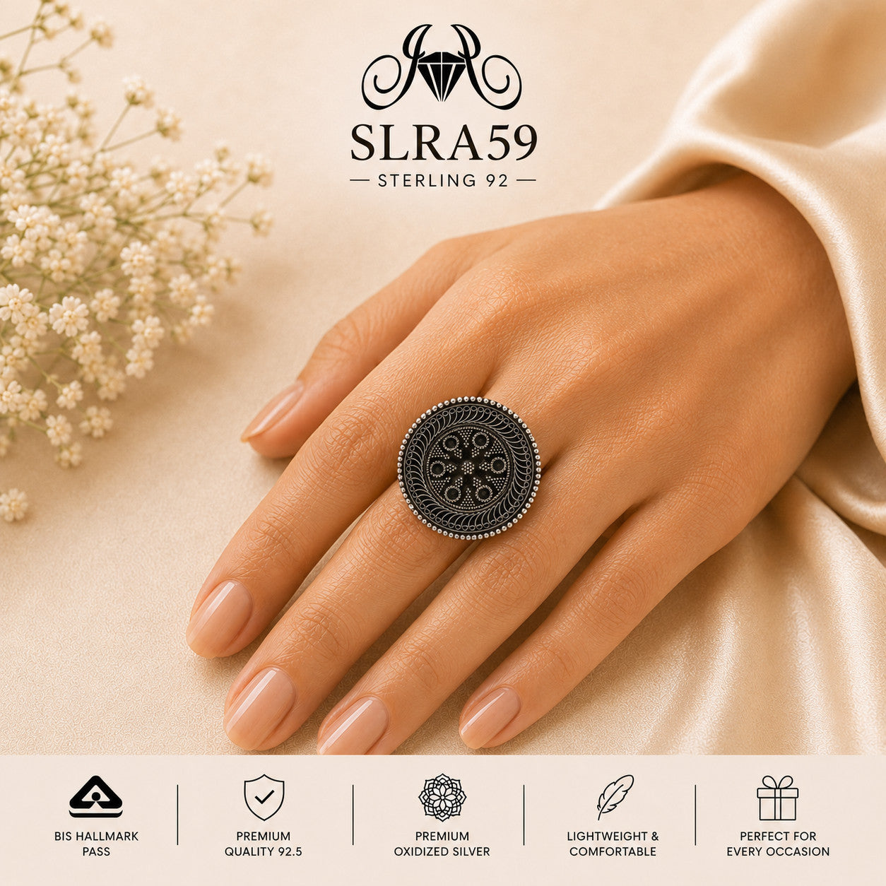 SLRA59 oxidized sterling silver ring worn on hand