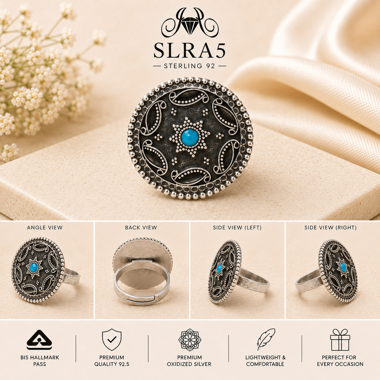 SLRA5 oxidized sterling silver ring multiple angle views