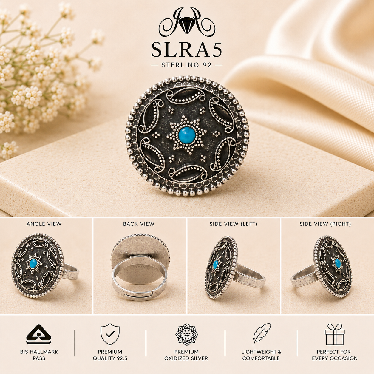 SLRA5 oxidized sterling silver ring multiple angle views