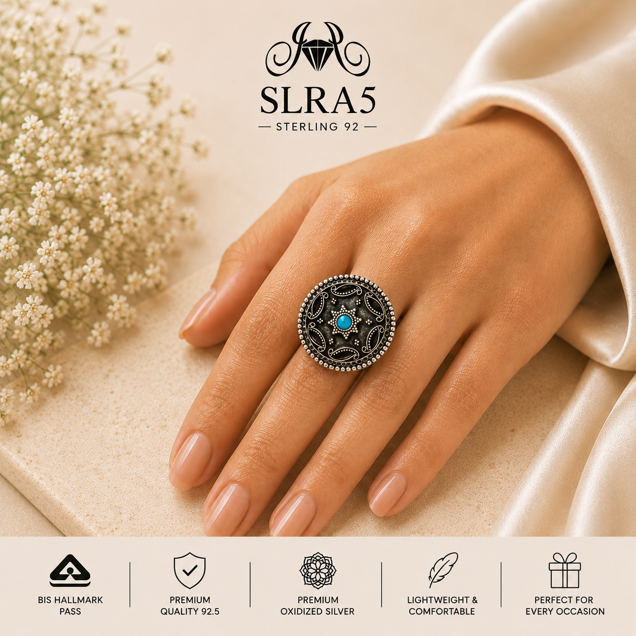 SLRA5 oxidized sterling silver ring worn on hand