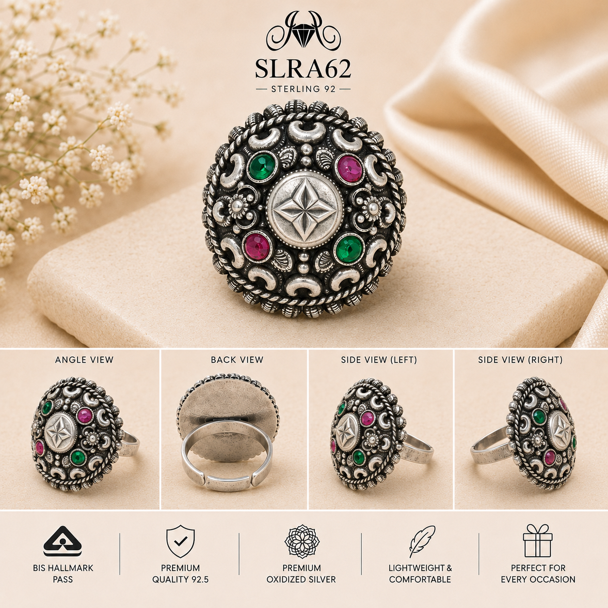 SLRA62 oxidized sterling silver ring multiple angle views