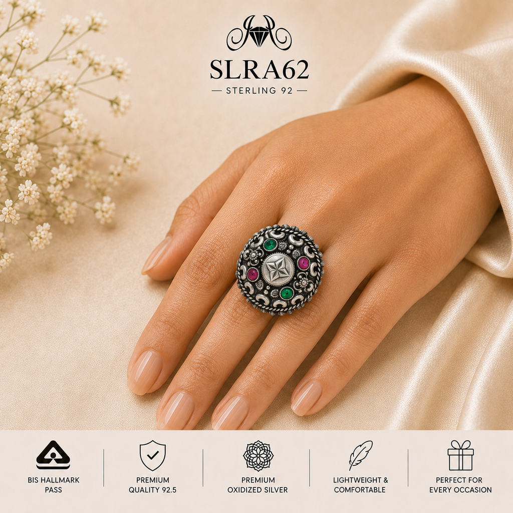 SLRA62 oxidized sterling silver ring worn on hand