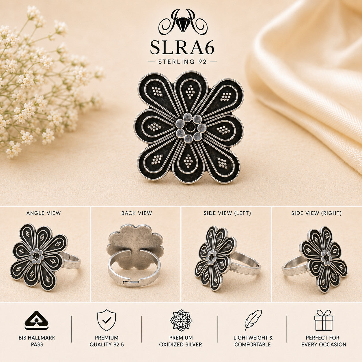 SLRA6 oxidized sterling silver ring multiple angle views