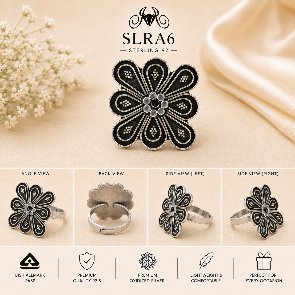 SLRA6 oxidized sterling silver floral ring multiple angle views