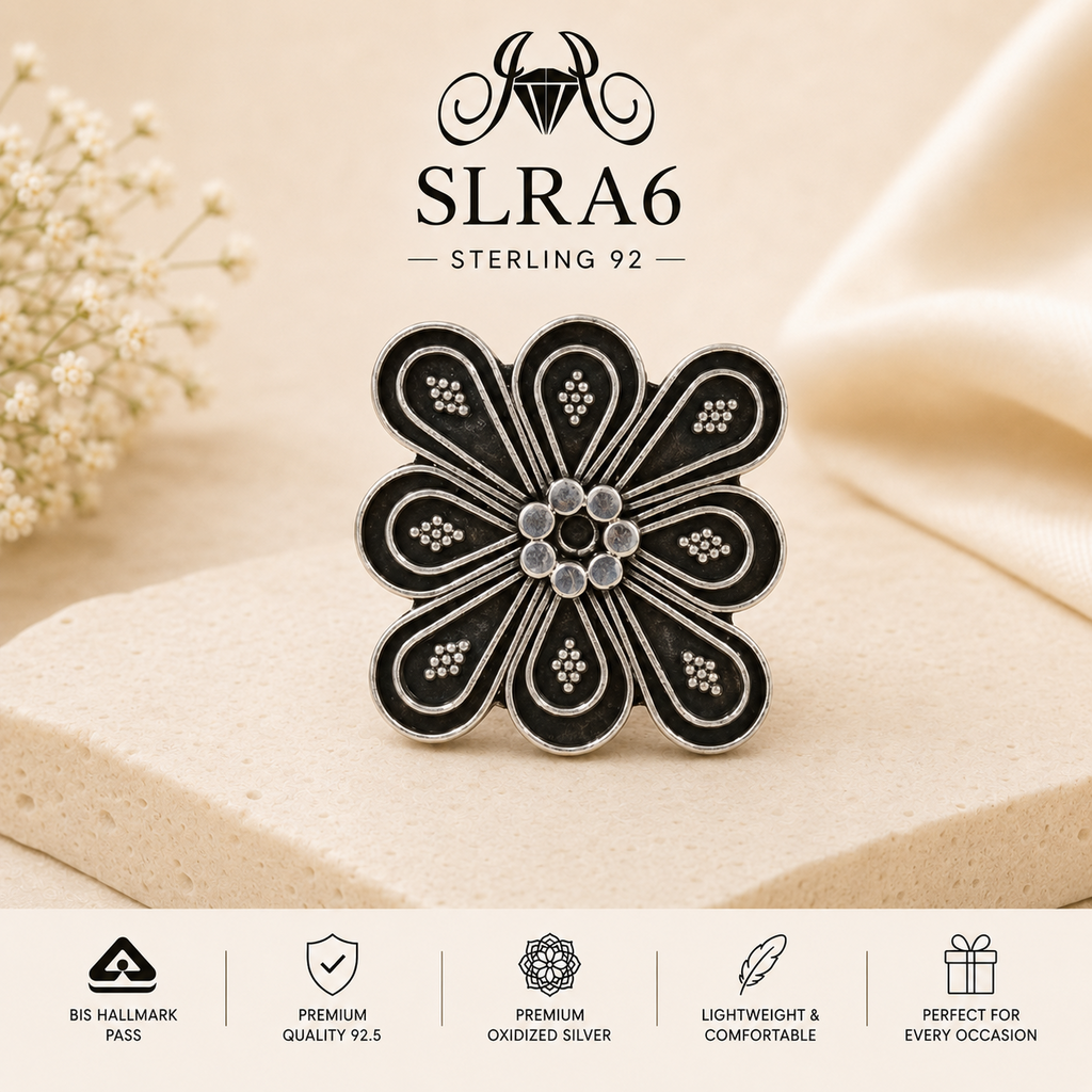 SLRA6 oxidized sterling silver floral ring front view