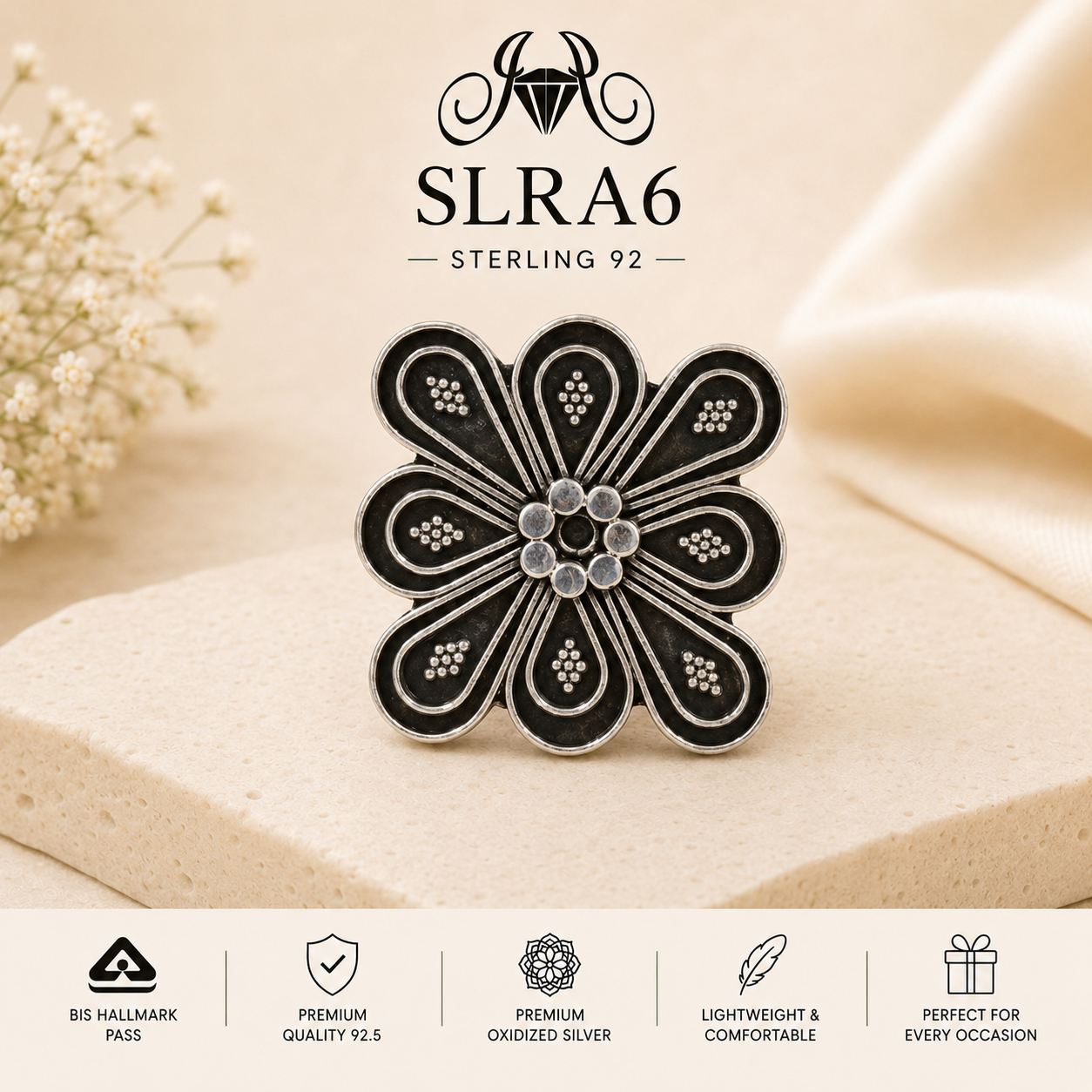SLRA6 oxidized sterling silver floral ring front view