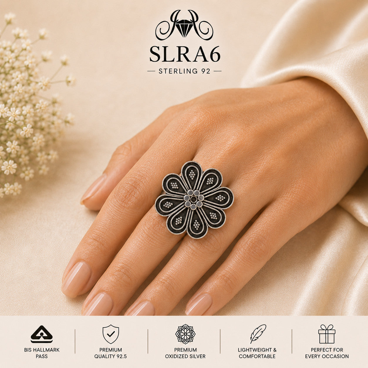 SLRA6 oxidized sterling silver ring worn on hand