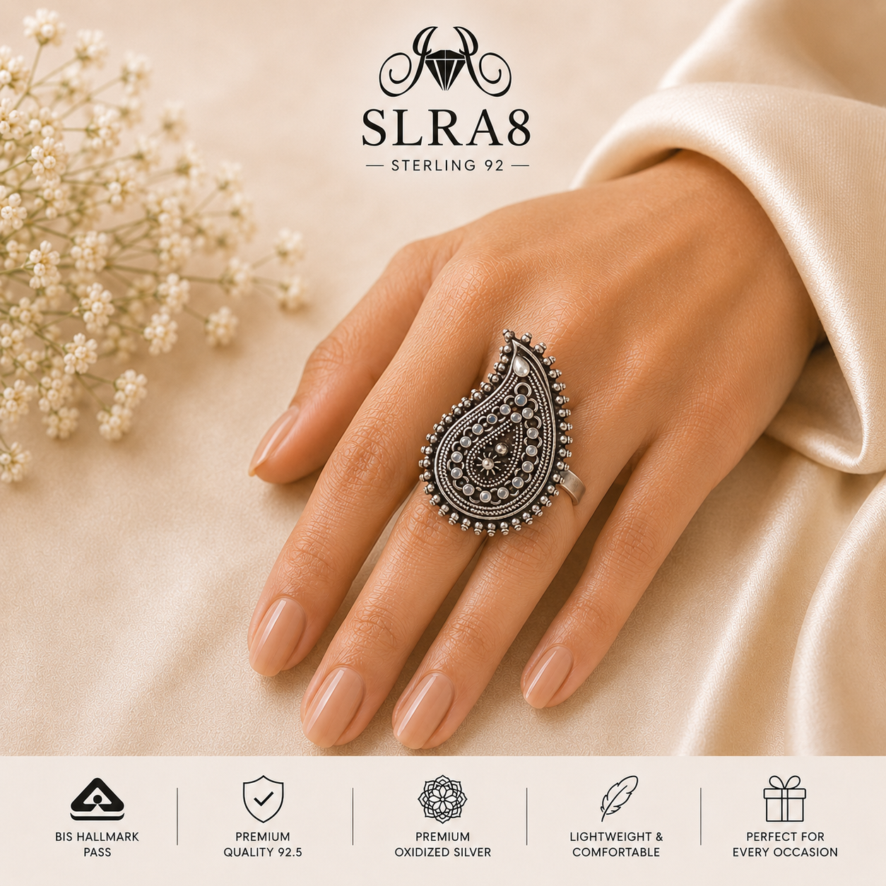 SLRA8 oxidized sterling silver ring worn on hand