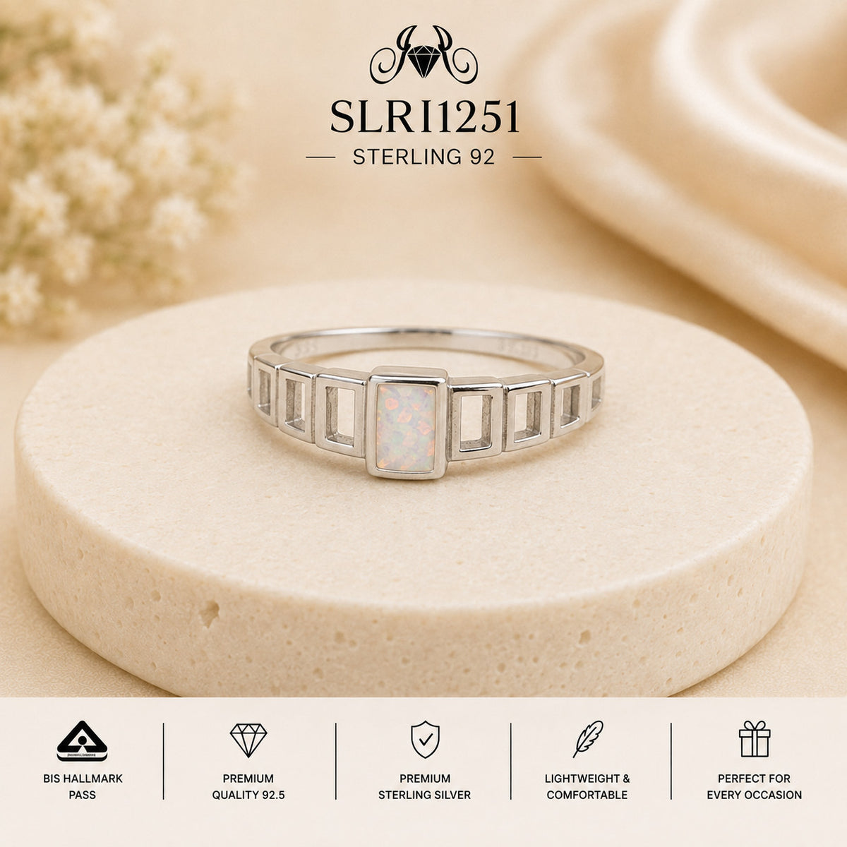 White Rectangular Solitaire Sterling Silver Ring