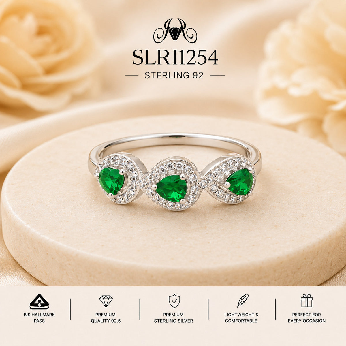 Triple Emerald Green Halo Sterling Silver Ring