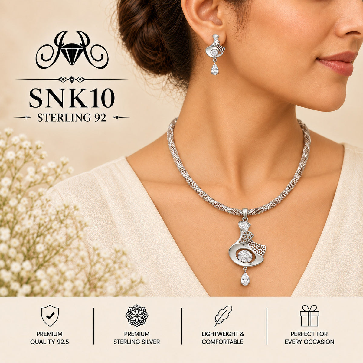 SNK10 92.5 sterling silver necklace set - wearing view