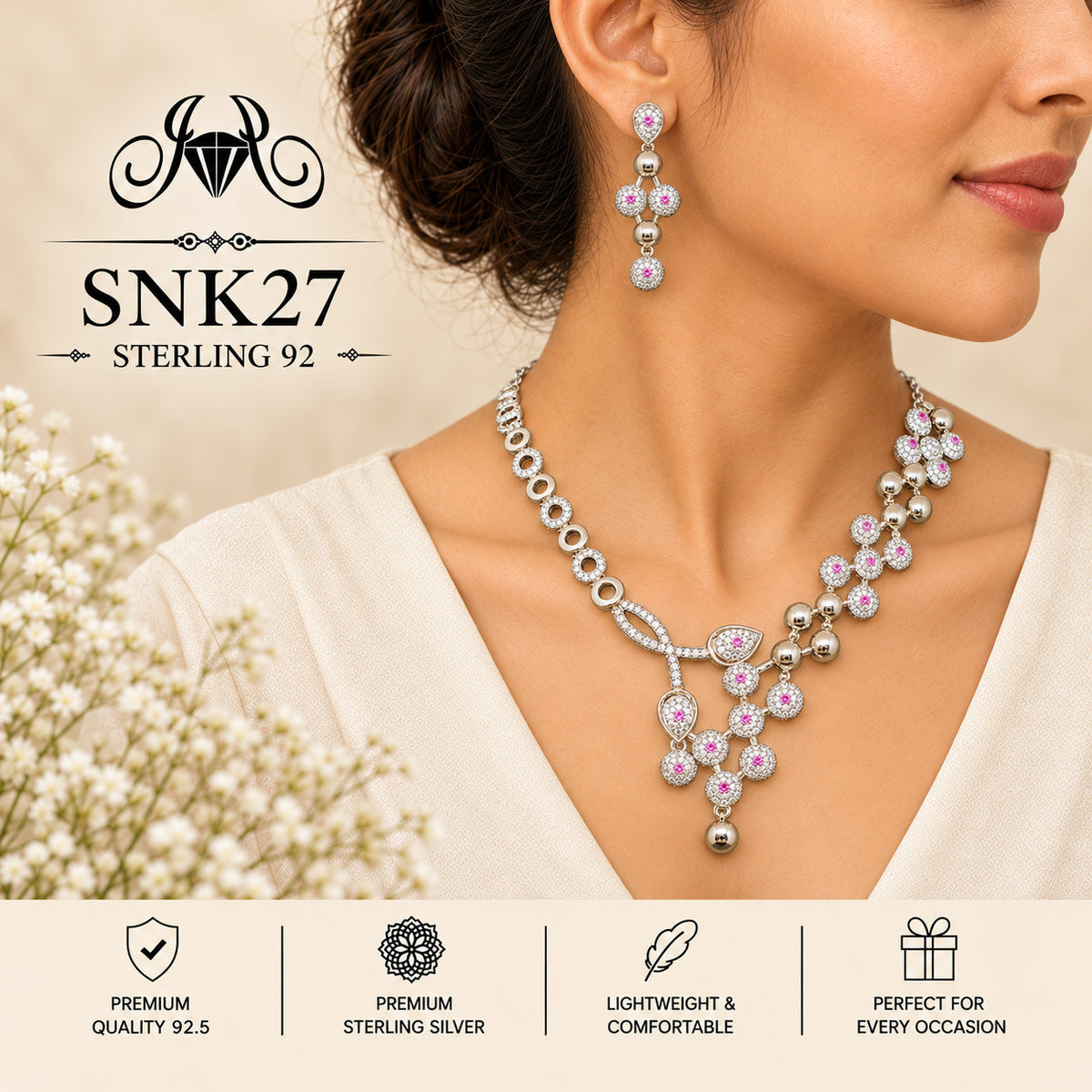 SNK27 92.5 sterling silver necklace set - wearing view