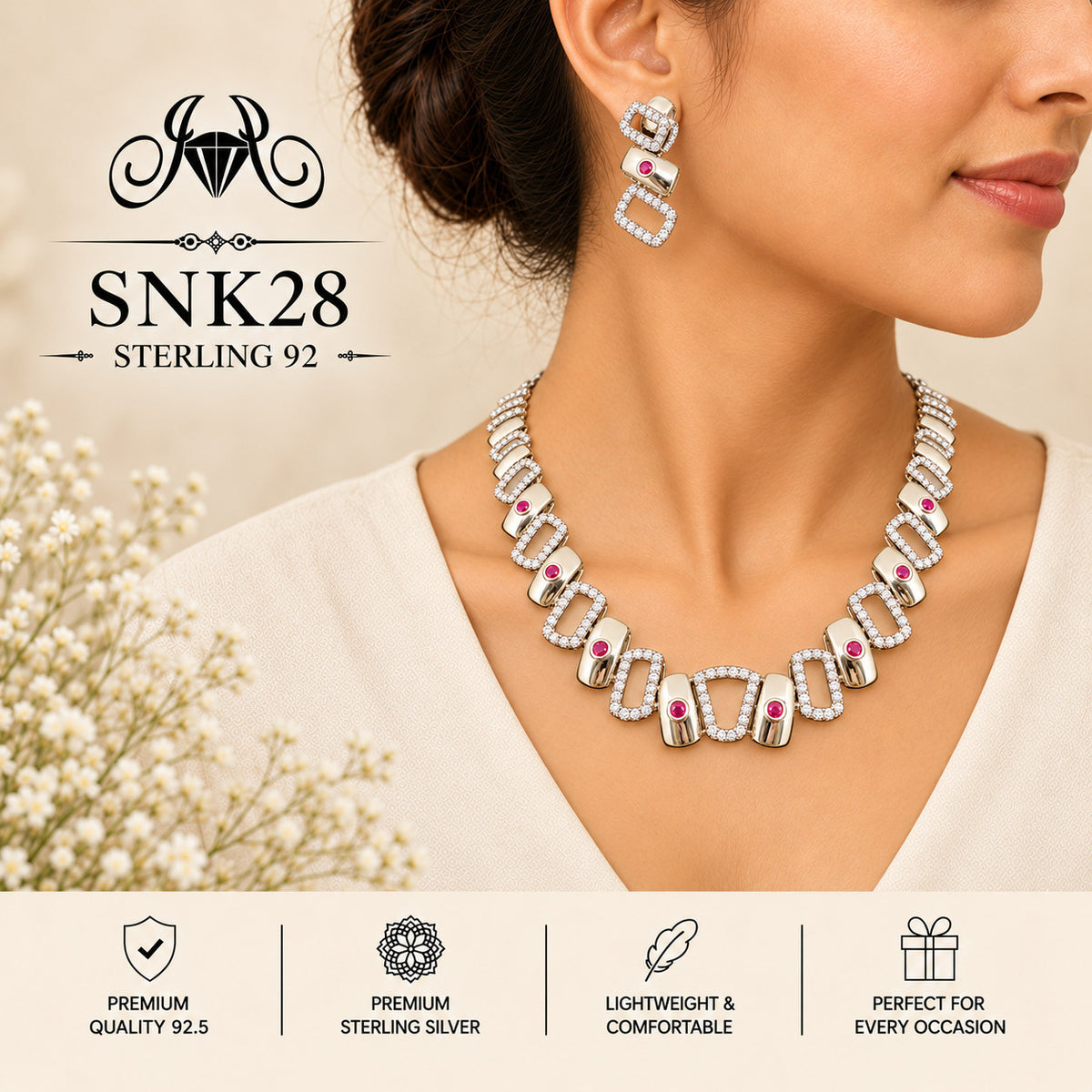 SNK28 92.5 sterling silver necklace set - wearing view