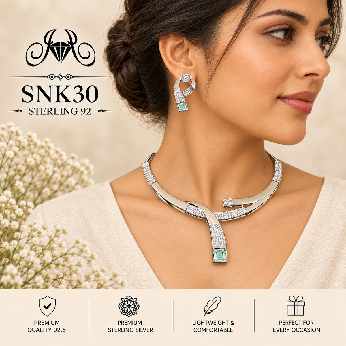 SNK30 92.5 sterling silver necklace set - wearing view