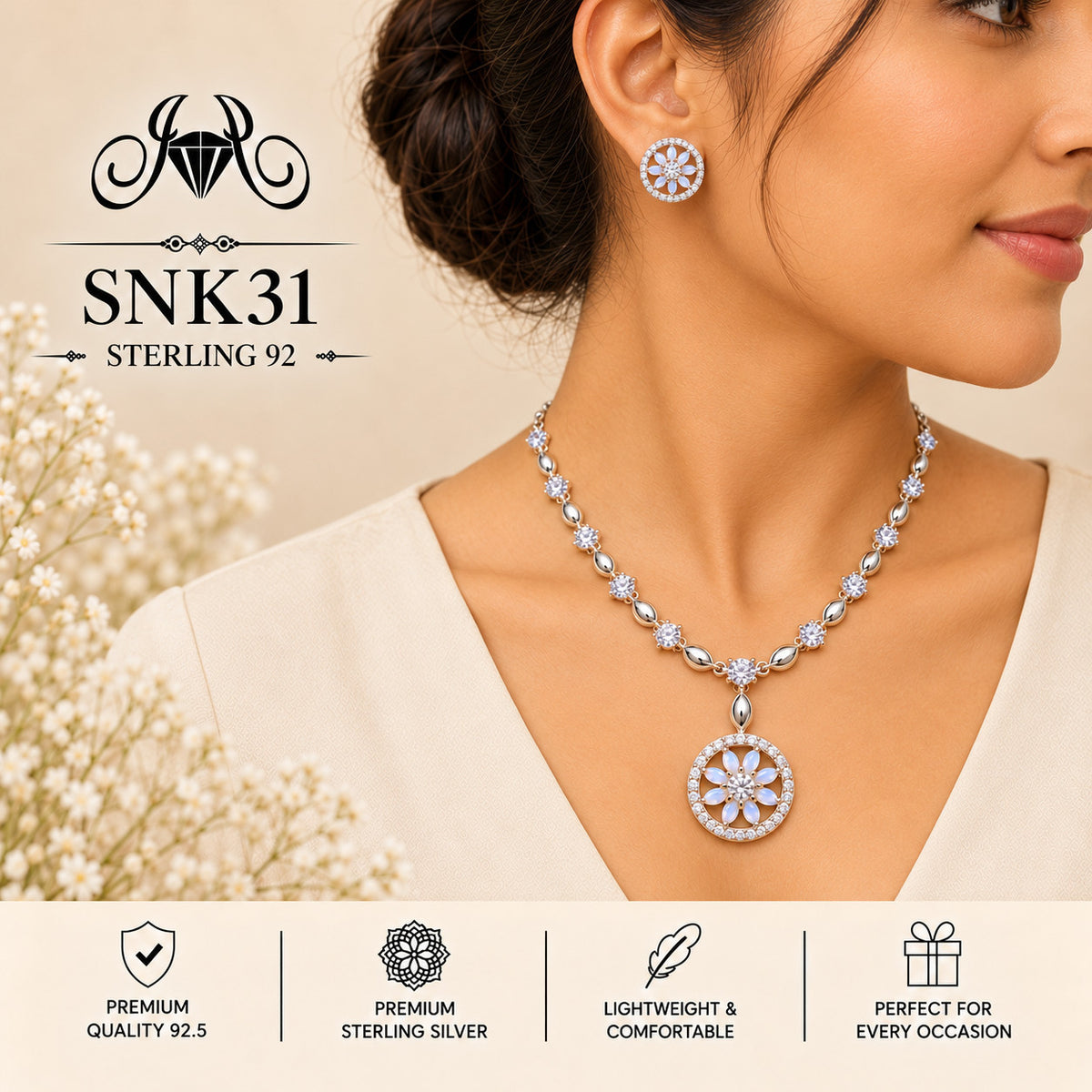 SNK31 92.5 sterling silver necklace set - wearing view
