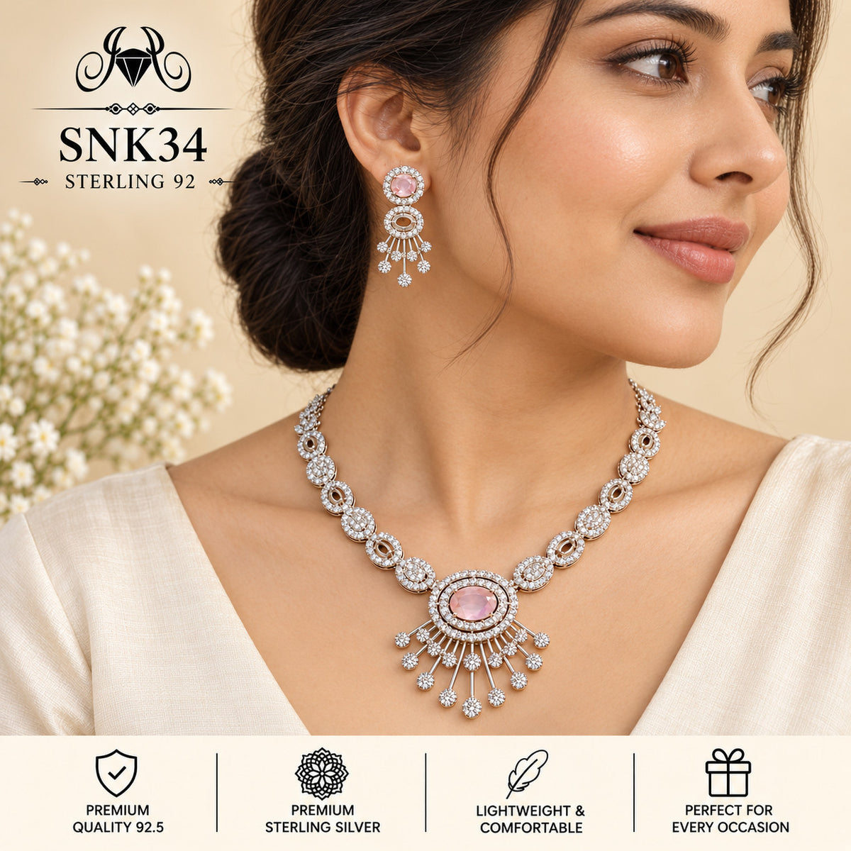 SNK34 92.5 sterling silver necklace set - wearing view