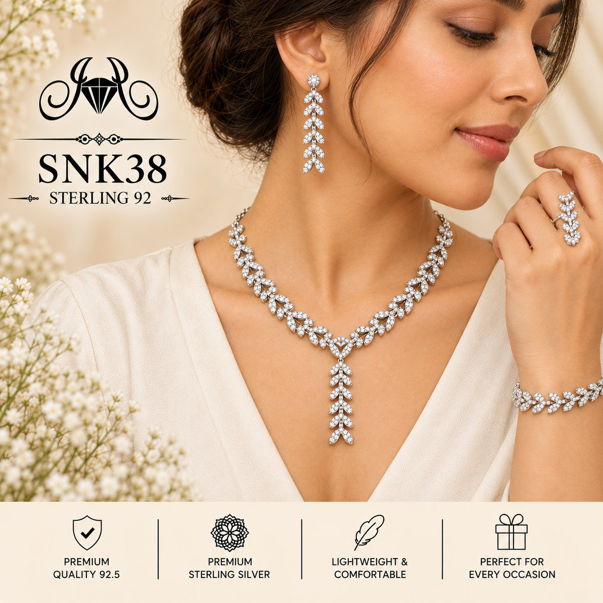 SNK38 92.5 sterling silver necklace set - wearing view