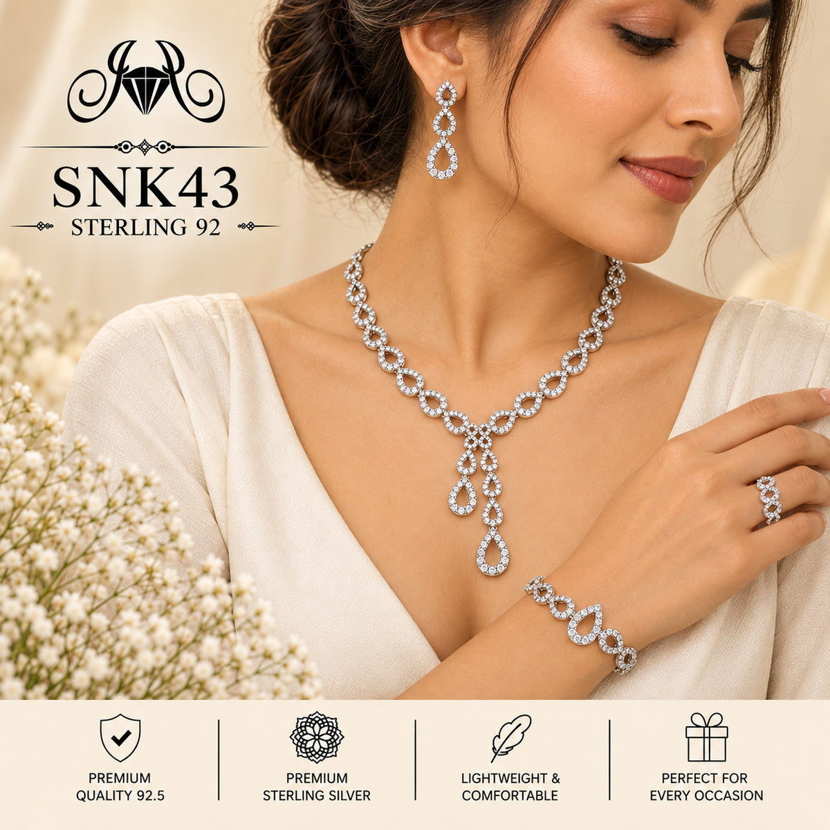 SNK43 92.5 sterling silver necklace set - wearing view
