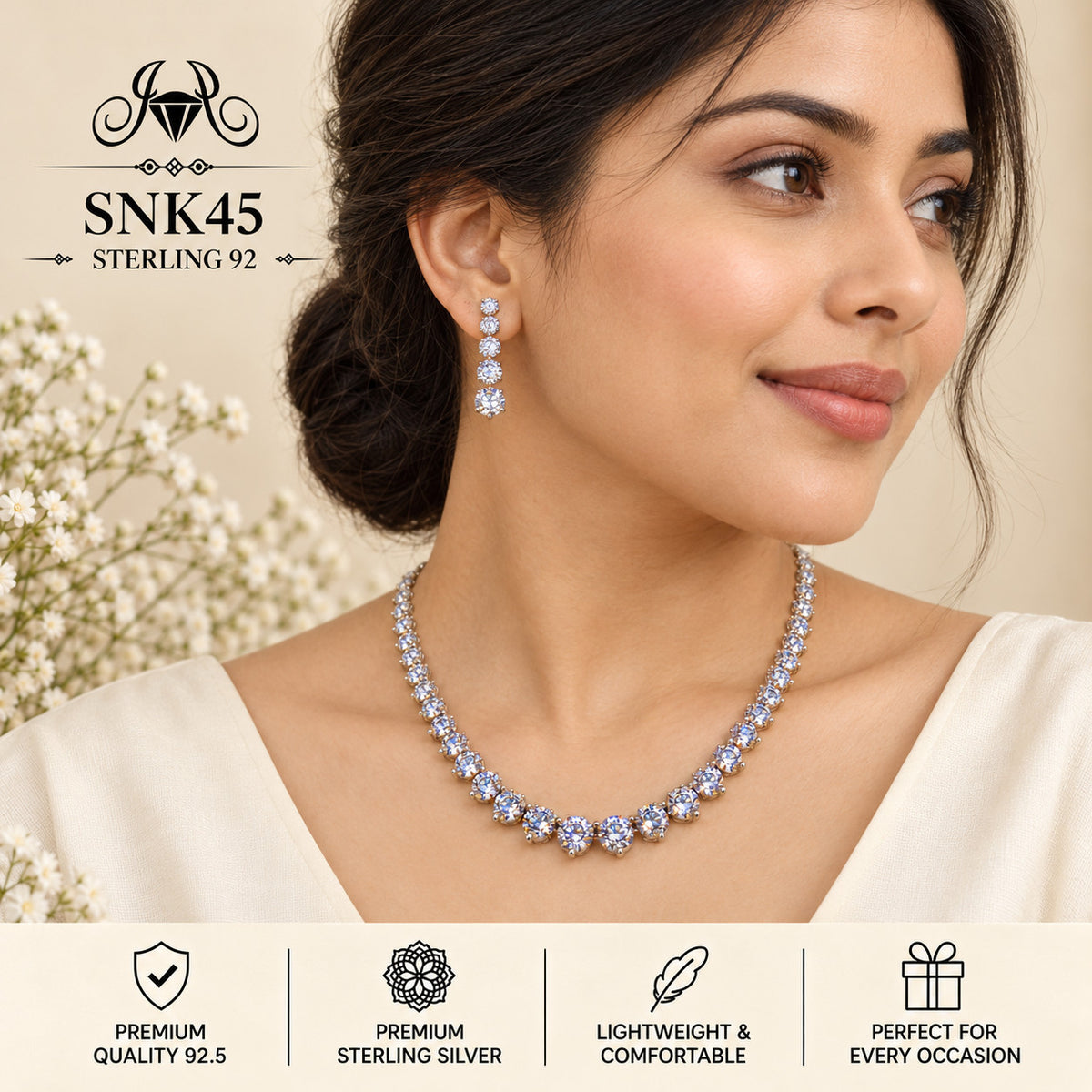 SNK45 92.5 sterling silver necklace set - wearing view