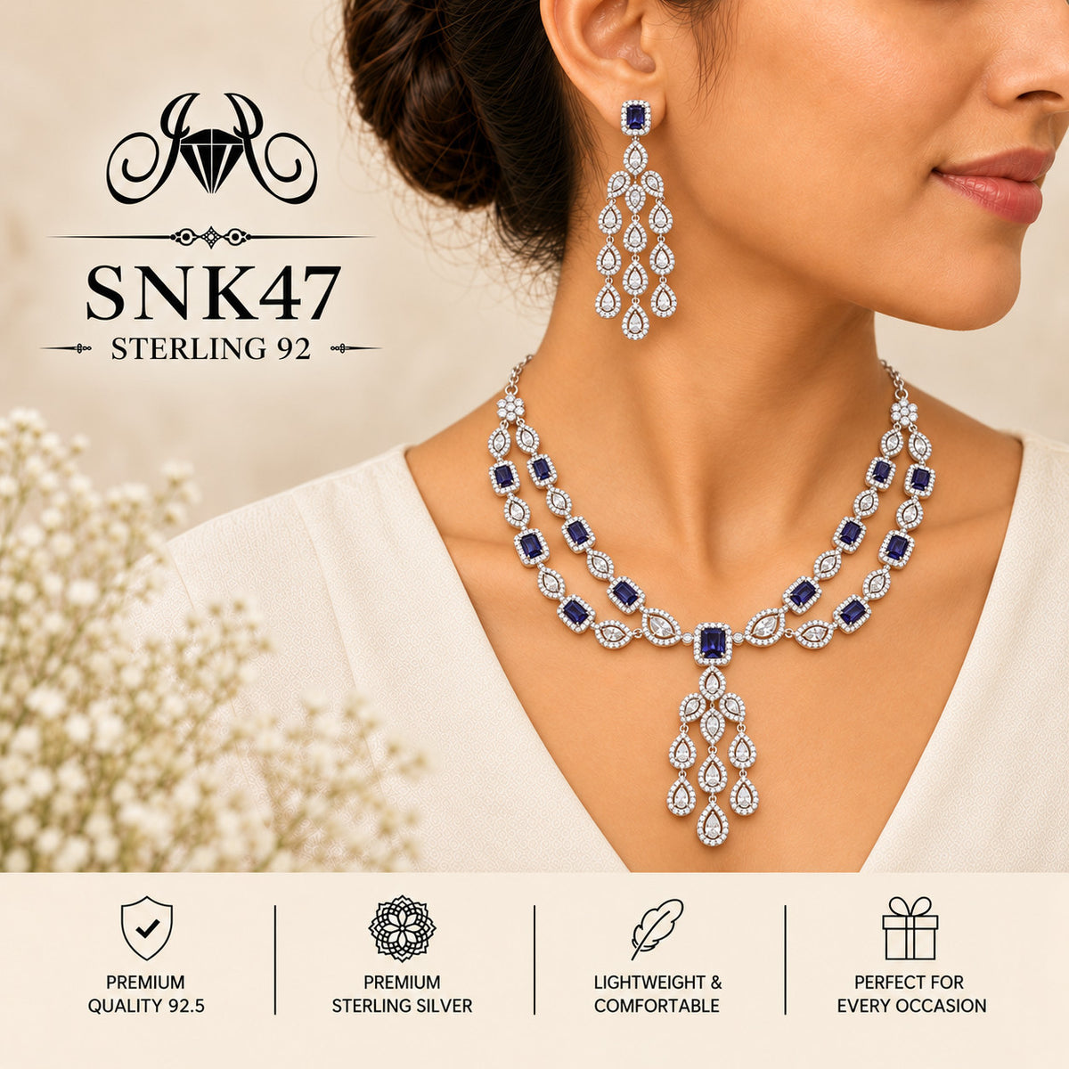 SNK47 92.5 sterling silver necklace set - wearing view