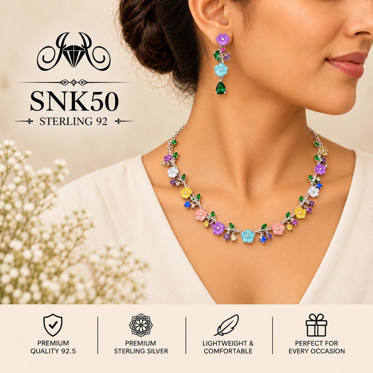 SNK50 92.5 sterling silver necklace set - wearing view