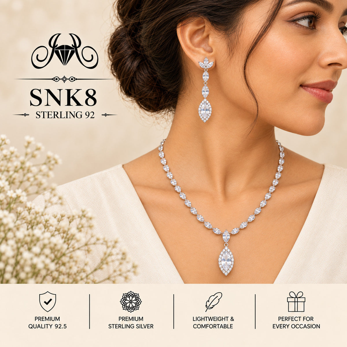 SNK8 92.5 sterling silver necklace set - wearing view