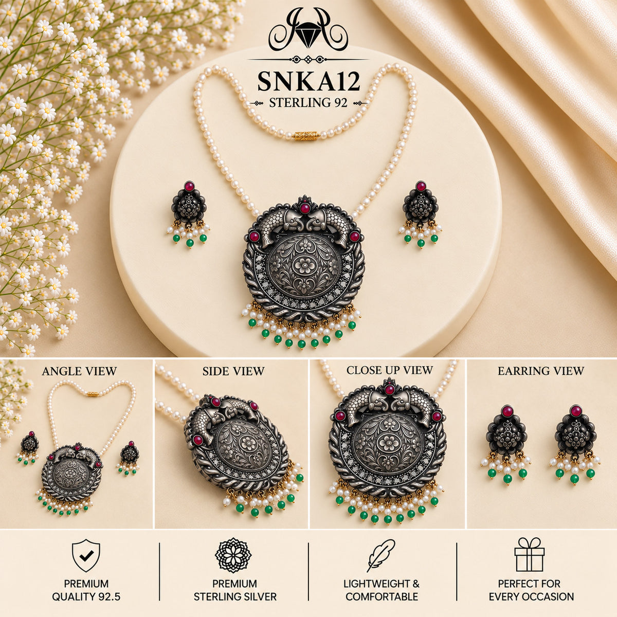 SNKA12 oxidized 92.5 sterling silver necklace set - collage view