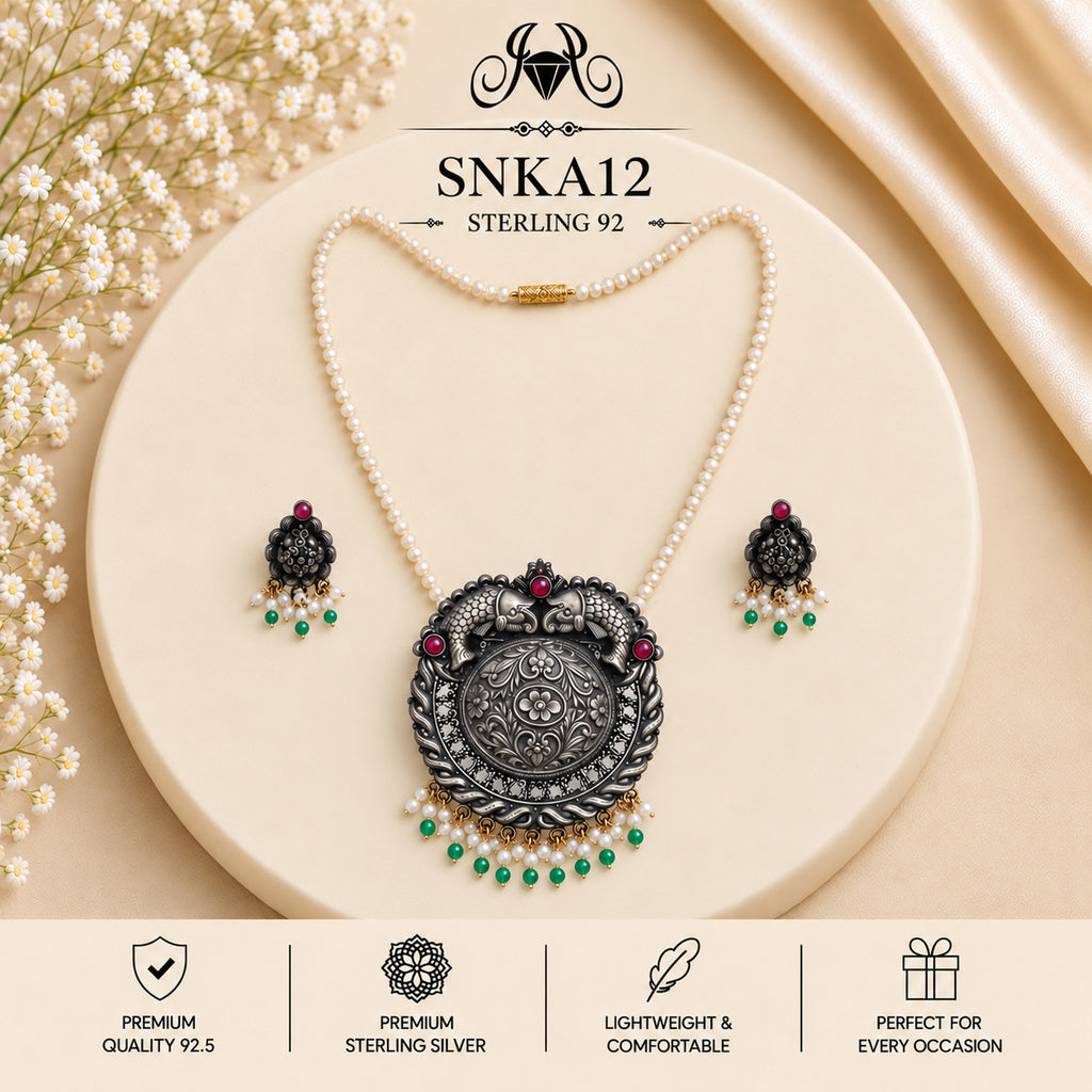 SNKA12 oxidized 92.5 sterling silver necklace set - portrait view