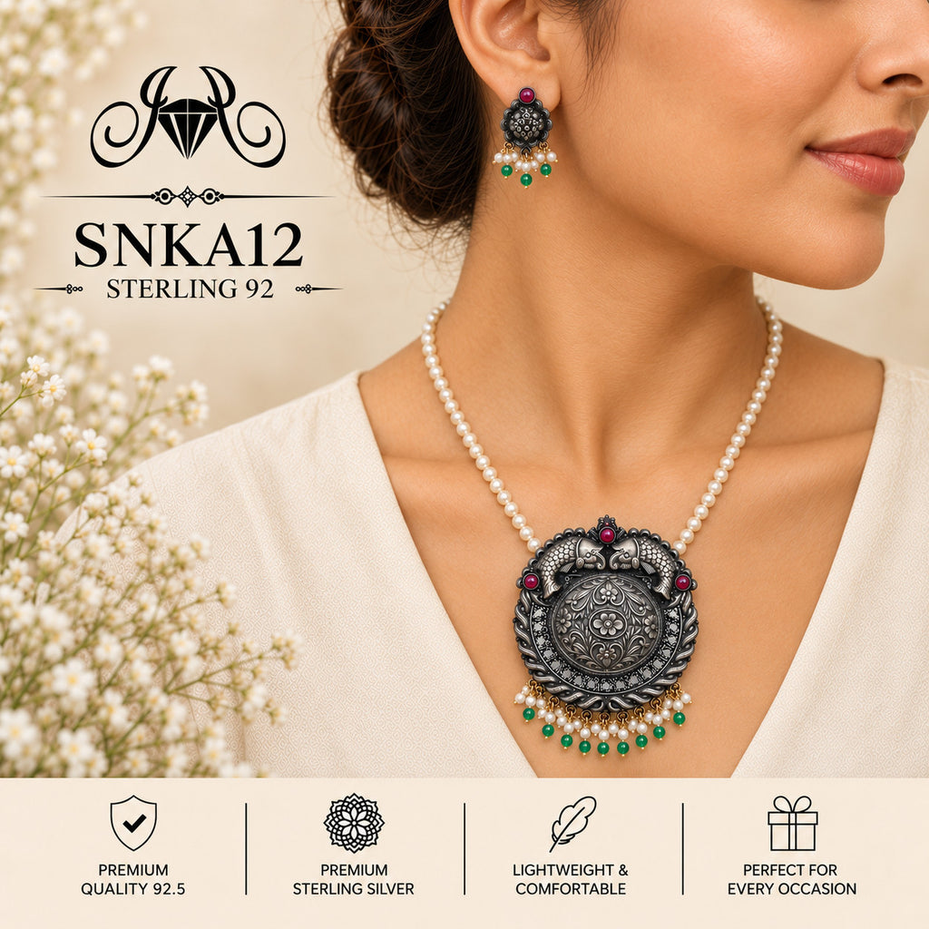 SNKA12 oxidized 92.5 sterling silver necklace set - wearing view