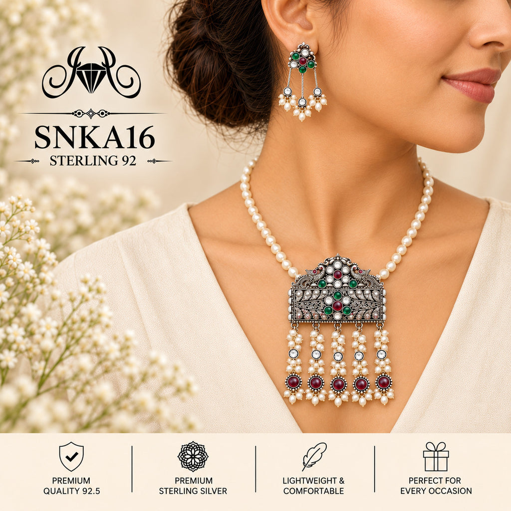 SNKA16 oxidized 92.5 sterling silver necklace set - wearing view