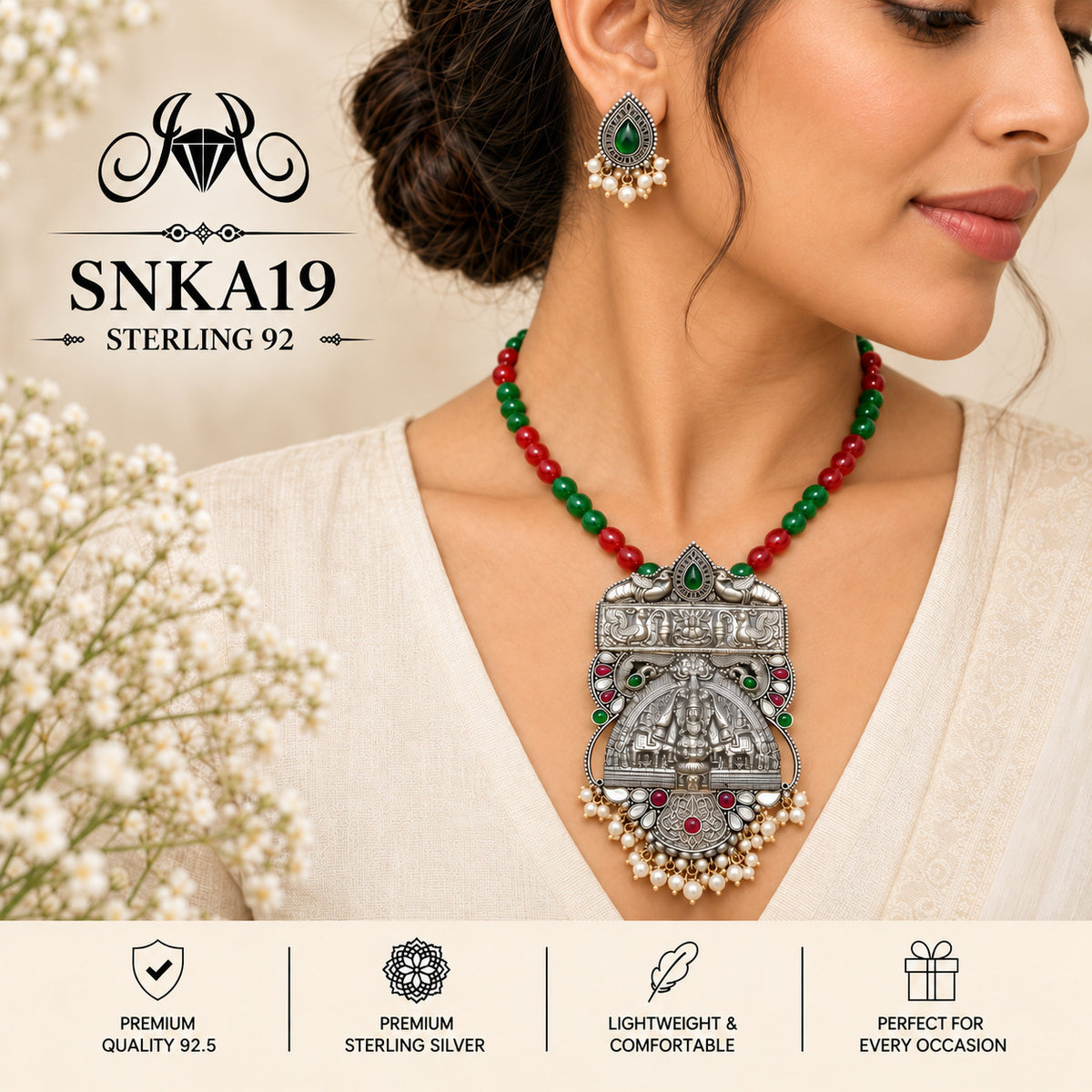 SNKA19 oxidized 92.5 sterling silver necklace set - wearing view